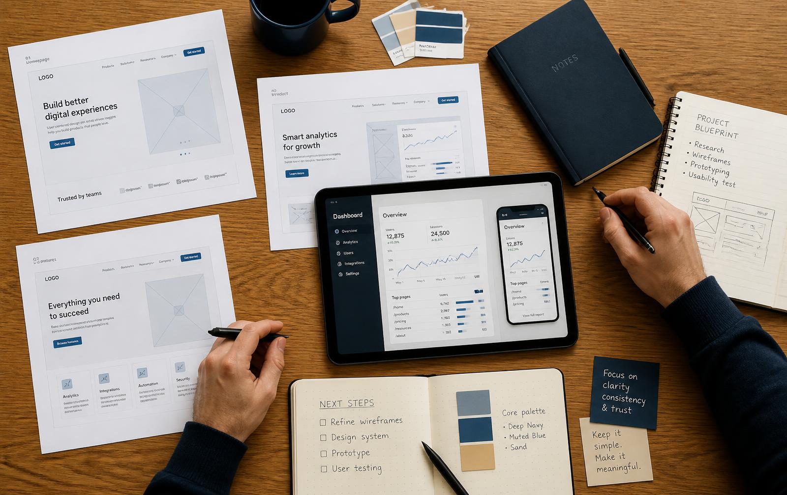 Design review table with interface wireframes, a tablet showing a dashboard and project notes