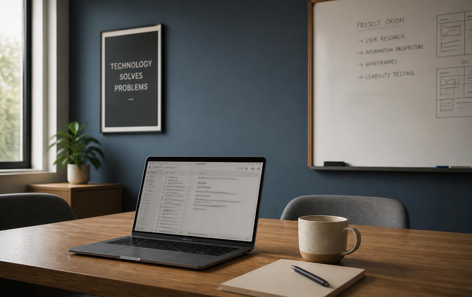 Quiet meeting corner in a technology studio with an open laptop showing an email client